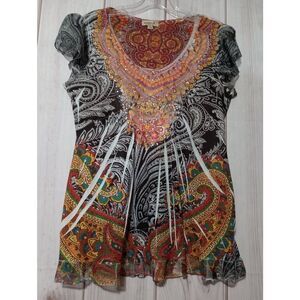ONE WORLD Vibrant Paisley Short Sleeve Blouse